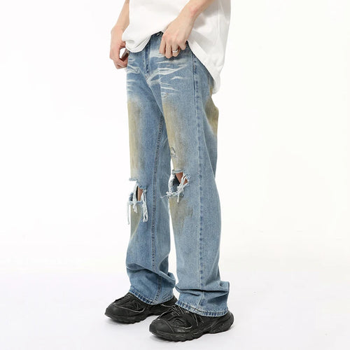 Load image into Gallery viewer, Niche Style Male Denim Pants New Worn-out Hole Contrast Color Stright Jeans Casual Wide Leg Men&#39;s Trousers Summer 9C6507
