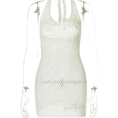 Load image into Gallery viewer, Hollow Out Beach Knit Sexy Mini Dress Women Elegant Halter Lace-up Sleeveless Backless Vacation Club Party Dress
