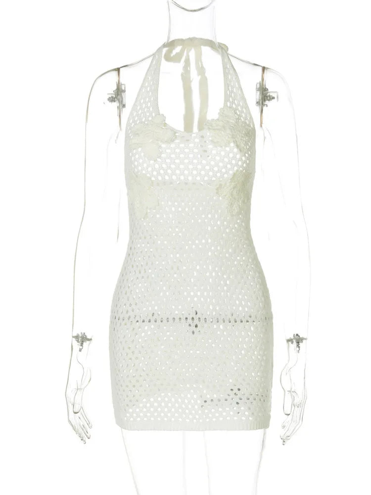 Hollow Out Beach Knit Sexy Mini Dress Women Elegant Halter Lace-up Sleeveless Backless Vacation Club Party Dress