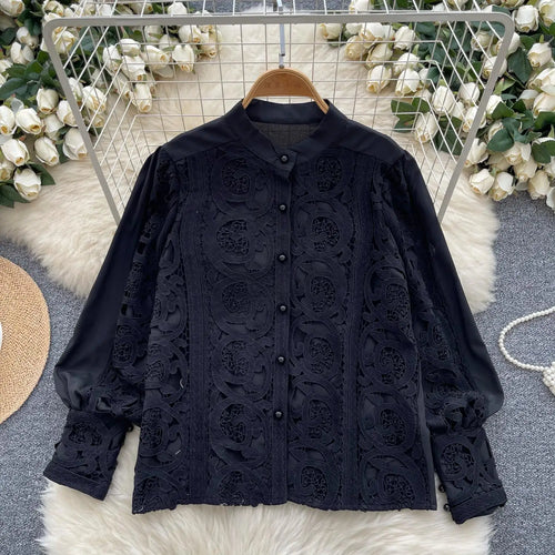 Load image into Gallery viewer, French Women Solid Lace Single Breasted Shirt 2024 Spring Autumn Vintage Ladies Long Sleeve Festival Blouses Fashion Tops Simple
