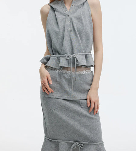 Solid Spliced Lace Up Two Piece Set For Women Hooded Sleeveless Top High Waist Temperament Skirts Female Fashion