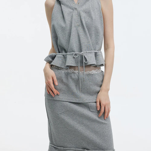 Load image into Gallery viewer, Solid Spliced Lace Up Two Piece Set For Women Hooded Sleeveless Top High Waist Temperament Skirts Female Fashion
