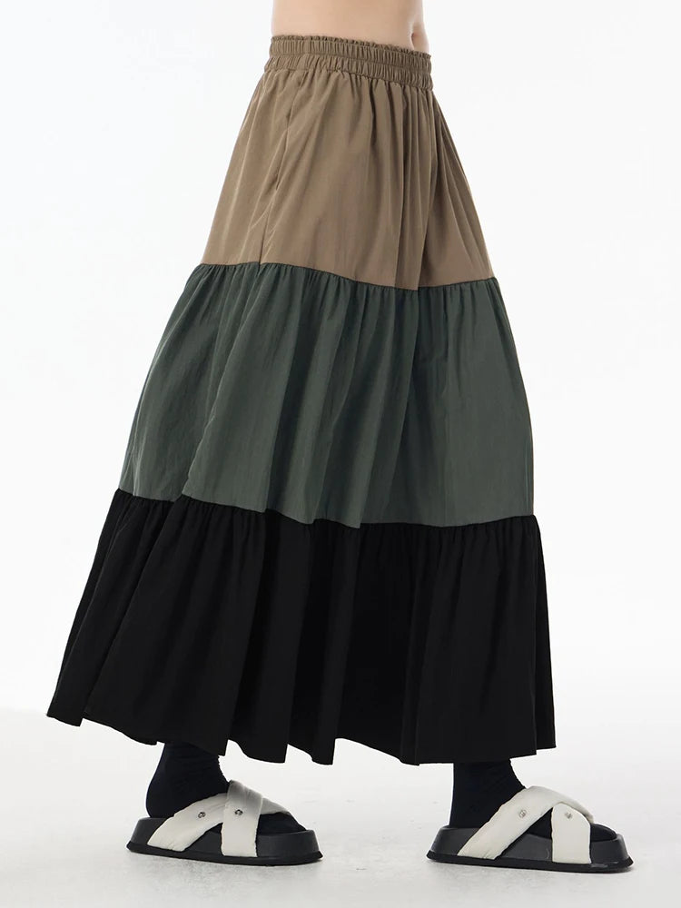 High Elastic Waist Green Color-block Pocket A-line Cake Half-body Skirt Women Fashion Tide New Spring Autumn 2025 1DJ0956