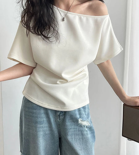Women Gray Black Irregular Brief Elegant T-shirt New Skew Collar Short Sleeve Fashion Tide Spring Summer 2025 1DJ1364