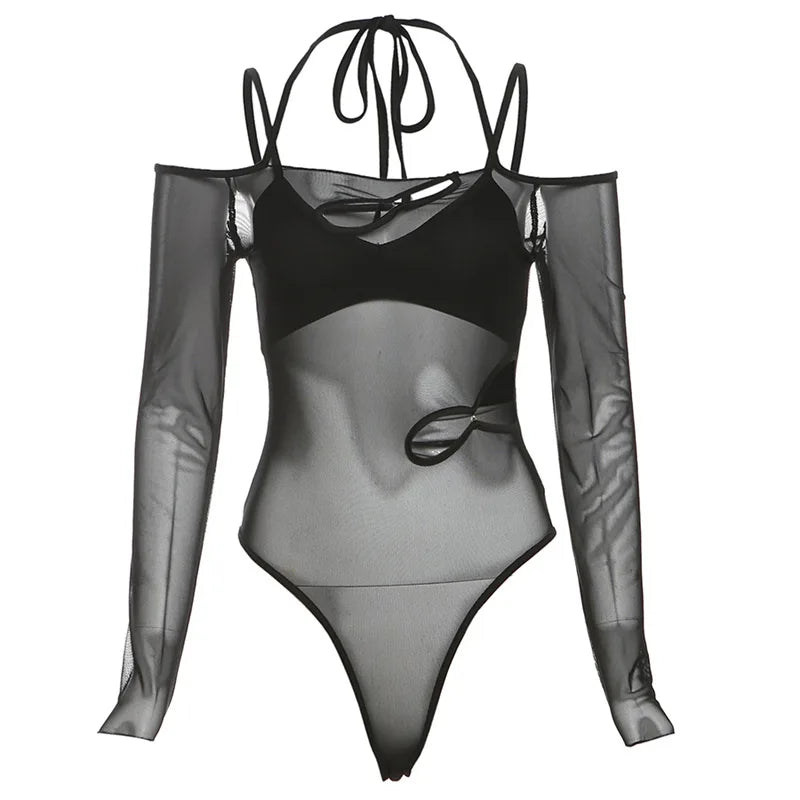 Y2k Aesthetic Two Pieces Set See Through Gauze Slash Neck Grunge Jumpsuits  + Women Harajuku Sexy Camisole Summer Grunge Suit