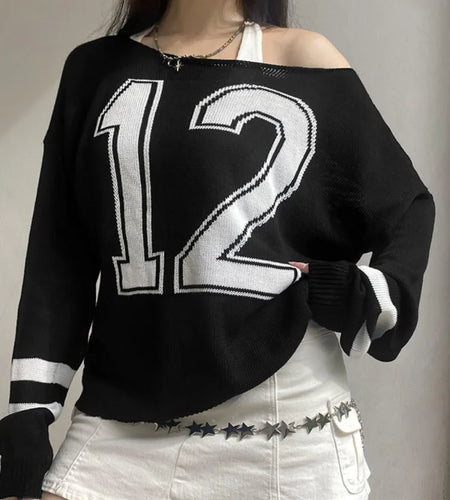 Harajuku Vintage Grunge Letter Sweaters Women Y2k Aesthetic Patchwork Slash Neck Jumpers Streetwear Casual Gothic Pullovers