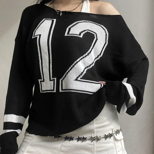 Load image into Gallery viewer, Harajuku Vintage Grunge Letter Sweaters Women Y2k Aesthetic Patchwork Slash Neck Jumpers Streetwear Casual Gothic Pullovers
