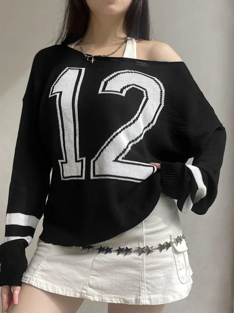 Harajuku Vintage Grunge Letter Sweaters Women Y2k Aesthetic Patchwork Slash Neck Jumpers Streetwear Casual Gothic Pullovers