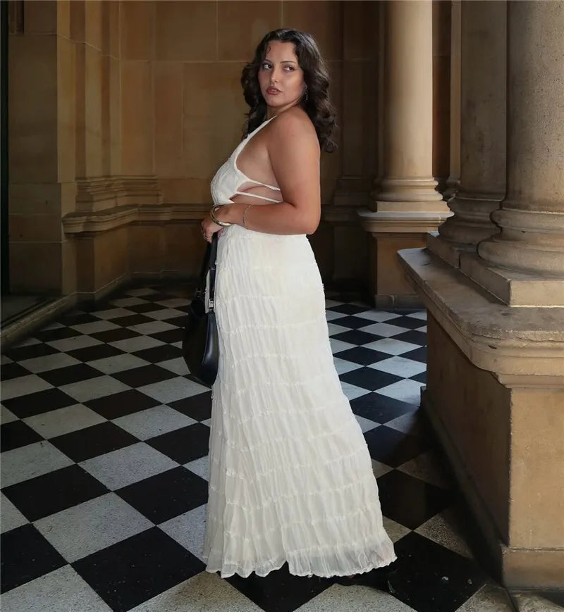 Halter Backless Sexy Maxi Dress For Women Spring Summer New Lace-up Sleeveless Pleated Beach Holiday Long Dress Elegant