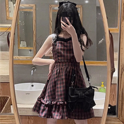 Load image into Gallery viewer, Plaid Dress Sets Women Outfits Black Lace Up Long Sleeve Cardigan Teen Girls Ruffles Sweet High Waist Sleeveless Dresse
