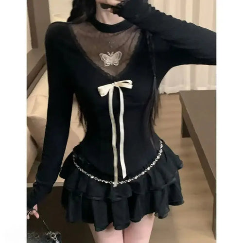 Load image into Gallery viewer, Harajuku Vintage Fairy Lace Patchwork Tees Y2k Aesthetic Slim Fit Women Sexy Butterfly T-shirt Streetwear Grunge Black Tshirts
