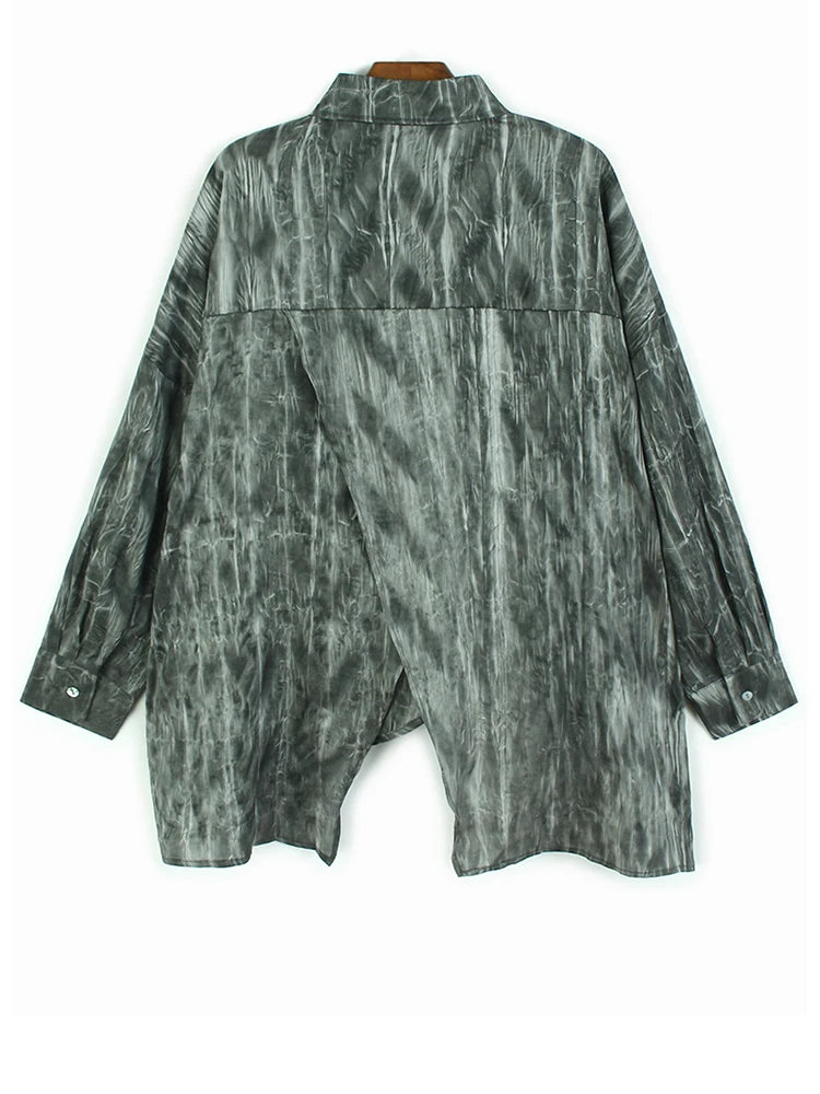 Women Dark Gray Tie Dye Irregular Big Size Blouse New Lapel Long Sleeve Shirt Fashion Tide Spring Autumn 2025 1DH9659