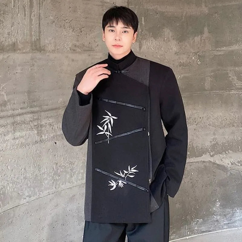 Retro Style Suit Jacket Embroidery Color Blocking Loose Blazers Men's Chinese Stand Collar Thickening 2024 Winter 9C8720