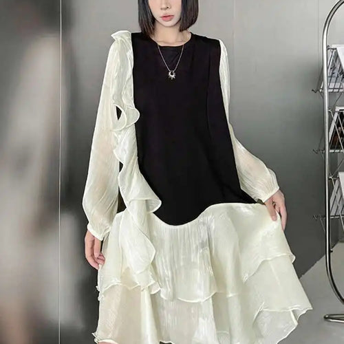 Load image into Gallery viewer, Women Black Ruffles Color-block Big Size Knee-Length Dress New Round Neck Long Sleeve Fashion Spring Autumn 2025 1DH7239
