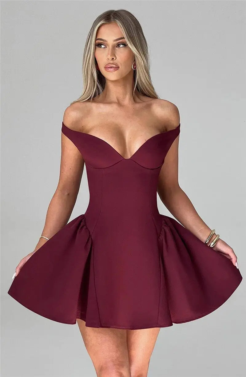 Off-shoulder Backless Sexy Mini Dress For Women Wine Red Sleeveless Strapless High Waist A-line Club Party Sexy Dress