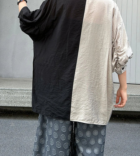 Women White Black Color-block Thin Big Size Blouse New Lapel Half Sleeve Shirt Fashion Tide Spring Summer 2025 1DJ1566