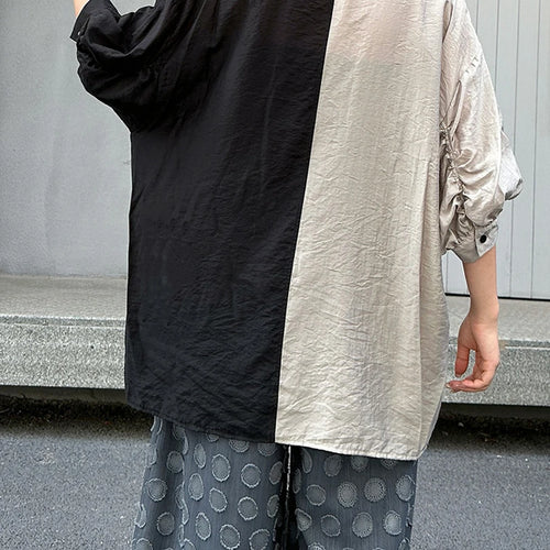 Load image into Gallery viewer, Women White Black Color-block Thin Big Size Blouse New Lapel Half Sleeve Shirt Fashion Tide Spring Summer 2025 1DJ1566
