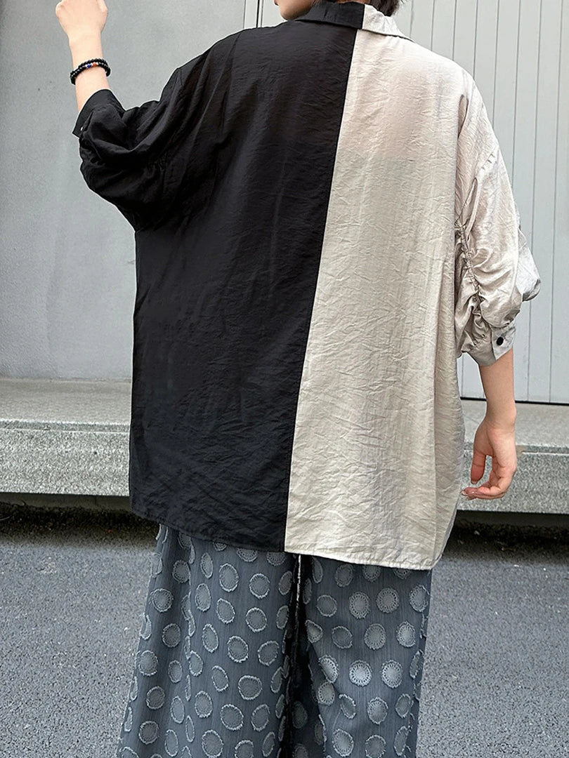 Women White Black Color-block Thin Big Size Blouse New Lapel Half Sleeve Shirt Fashion Tide Spring Summer 2025 1DJ1566