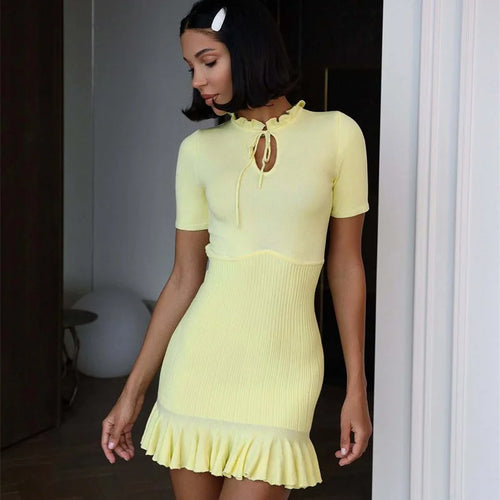 Load image into Gallery viewer, Summer Short Sleeve Ruffle Mini Dress Women Sweater Pullover Elegant Fashion Hollow Out Ribbed Slim High Waist Dress
