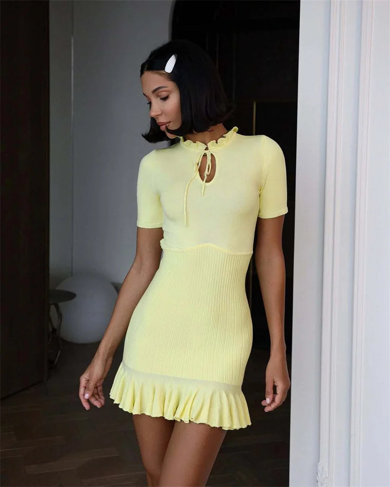 Summer Short Sleeve Ruffle Mini Dress Women Sweater Pullover Elegant Fashion Hollow Out Ribbed Slim High Waist Dress