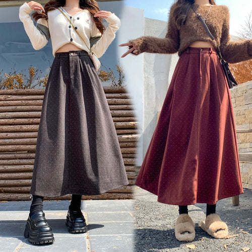 Load image into Gallery viewer, French Vintage Women Polka Dot Elegant High Waist Party Long Skirts 2024 Autumn Winter Woolen A-line Pleated Half Skirt Fashion
