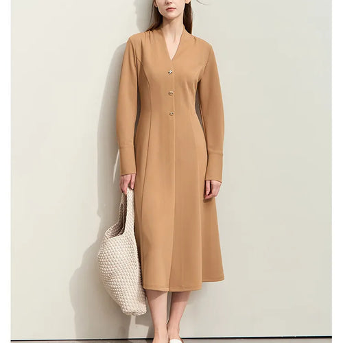 Minimalism 2025 Women Dresses Autumn New Elegant V-neck Buckle Waist Fashion Office Lady Slim Long Dress Female 12443046