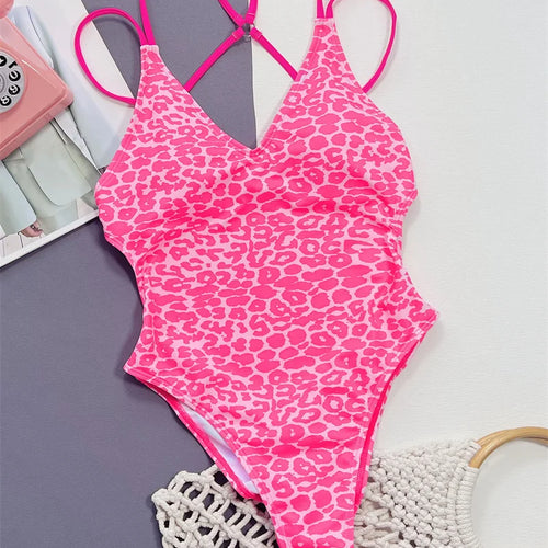 Load image into Gallery viewer, Pink Leopard One Piece Swimsuit 2024 Swimwear for Women Sexy High Cut Bathing Suit Backless High Waist Monokini
