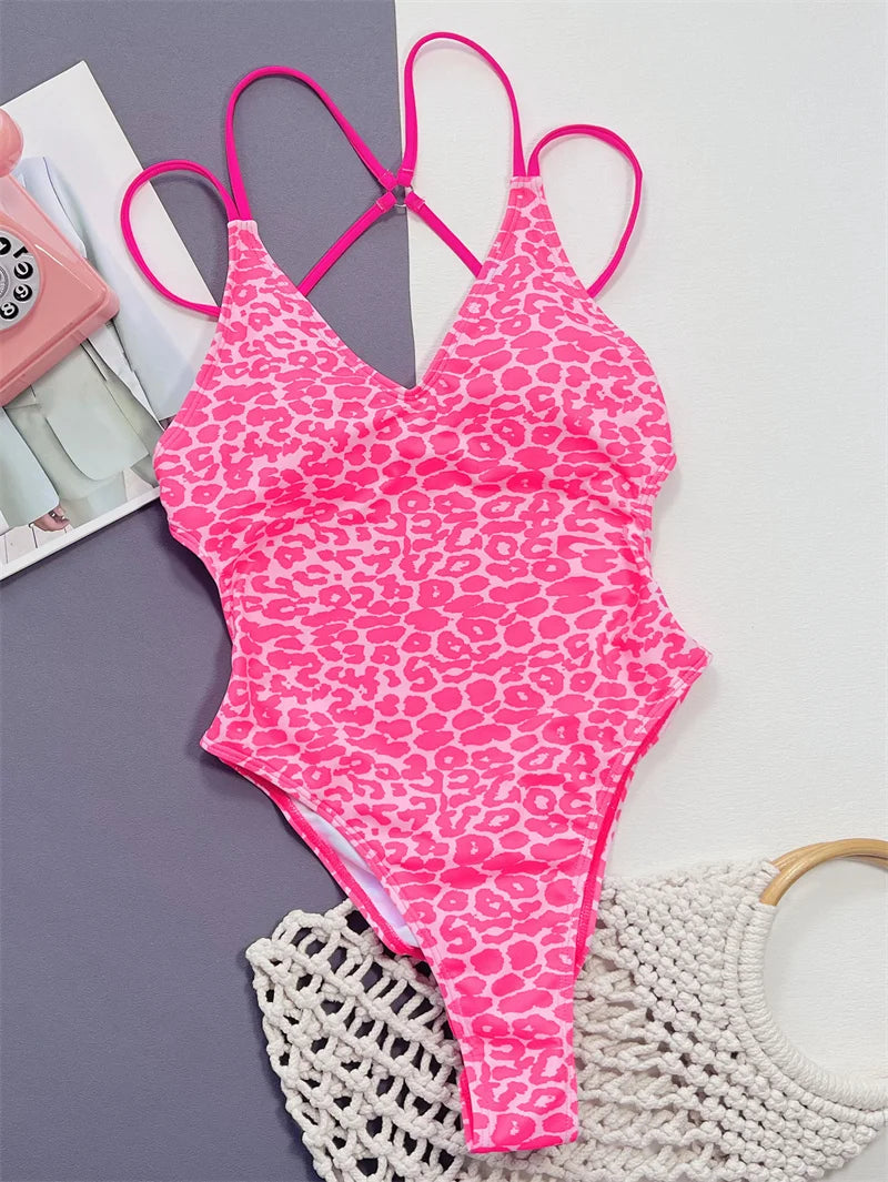 Pink Leopard One Piece Swimsuit 2024 Swimwear for Women Sexy High Cut Bathing Suit Backless High Waist Monokini