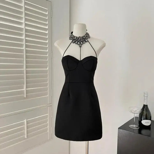 Load image into Gallery viewer, French Black Diamond Backless Halter Lace-up Short Dress Summer Red Sexy Club High Waist Elegant Sleeveless Party Evening Dress
