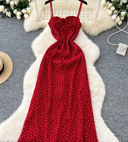 French Women Red Print Elegant Slim Lace-up Slip Long Dress 2025 Summer New Retro Sleeveless Holiday Party Dress Fashion Popular