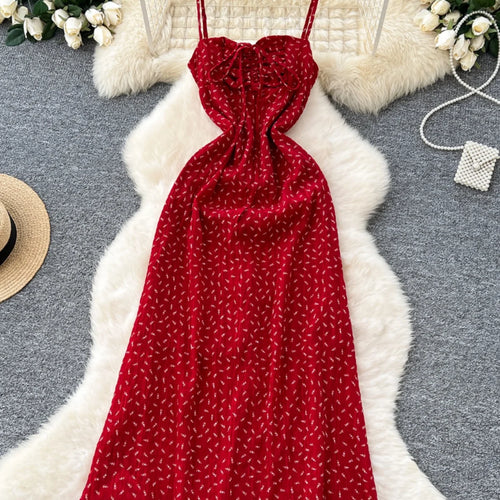 Load image into Gallery viewer, French Women Red Print Elegant Slim Lace-up Slip Long Dress 2025 Summer New Retro Sleeveless Holiday Party Dress Fashion Popular
