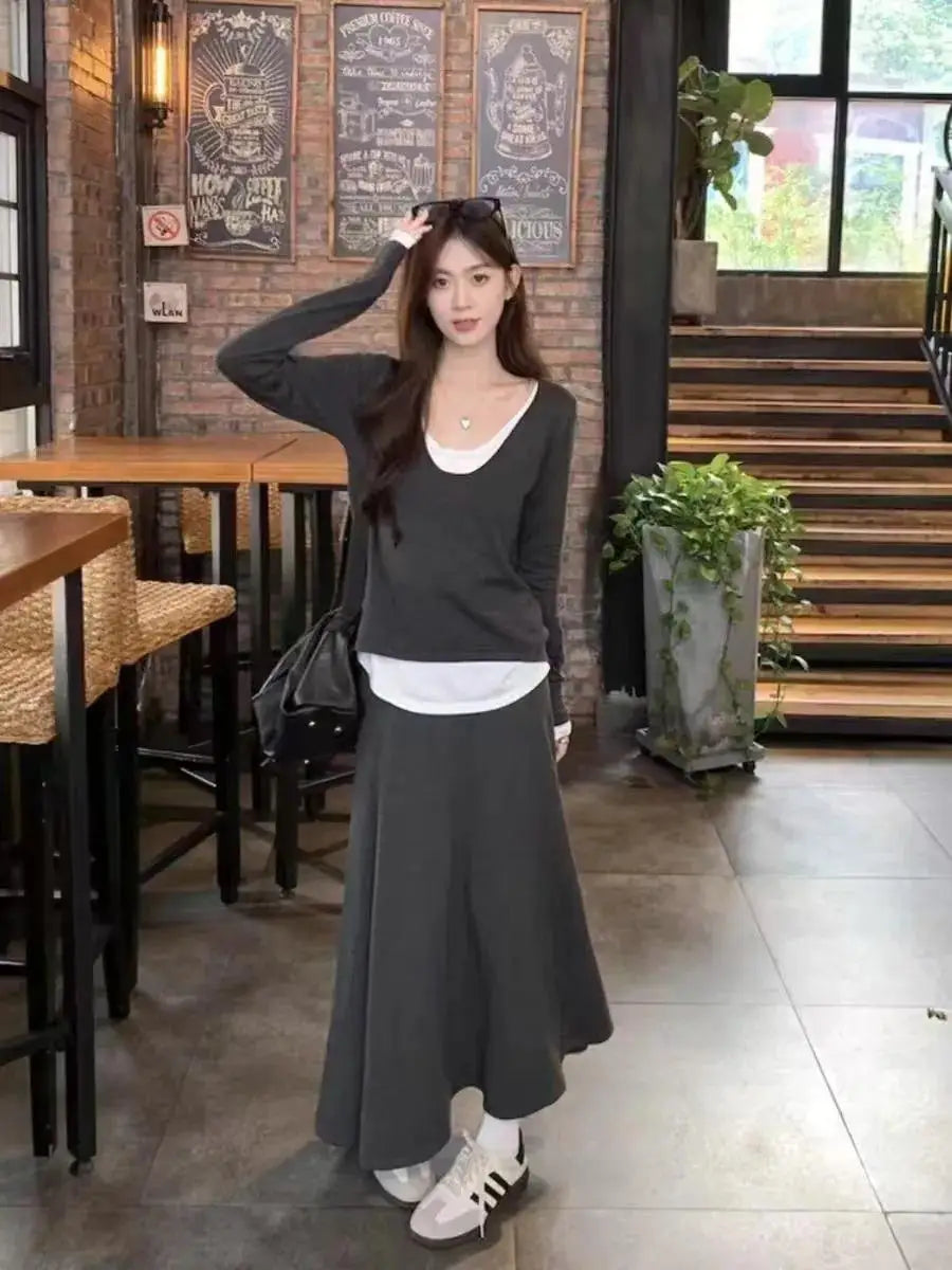 Spring Summer Korean Fashion Black Slim Vacation Long Skirt Women Grey High Waist Elegant Pleated Fishtail Skirt Simplicity Chic