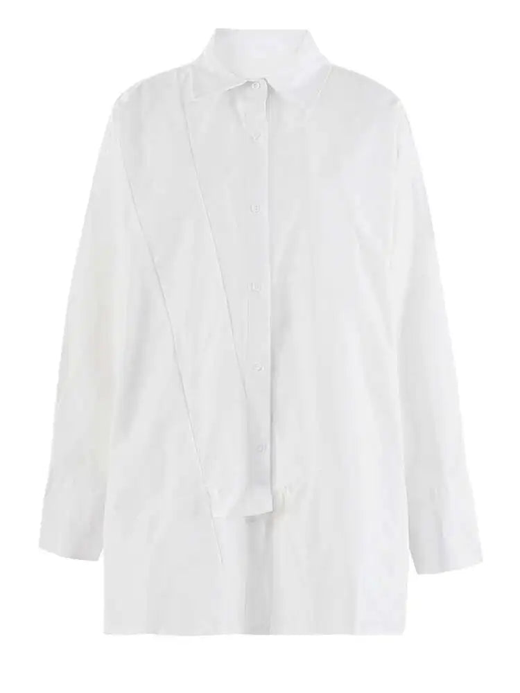 Women White Irregular Spliced Big Size Casual Blouse New Lapel Long Sleeve Shirt Fashion Tide Spring Autumn 2025 CPG2045