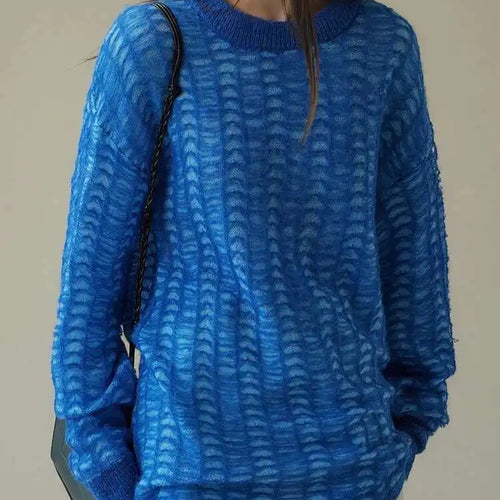 Load image into Gallery viewer, Blue Thin Hollow Out Knit Sweater Round Neck Long Sleeve Women Pullovers New Fashion Tide Spring Autumn 2025 1DH4489
