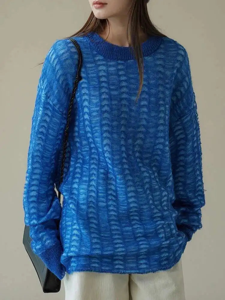 Blue Thin Hollow Out Knit Sweater Round Neck Long Sleeve Women Pullovers New Fashion Tide Spring Autumn 2025 1DH4489