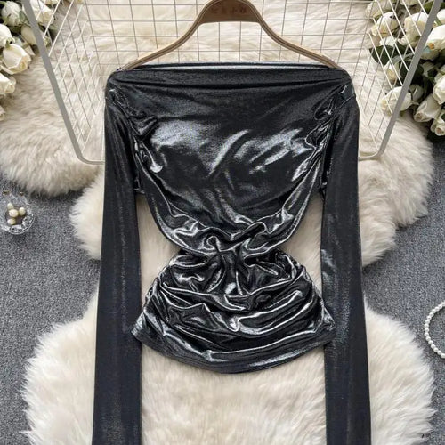 Load image into Gallery viewer, Solid Sexy Off Shoulder Long Sleeve Bright Pleated Tops Women's Autumn 2023 New Elegant Slim Versatile Bottom Shirt Trend Simple
