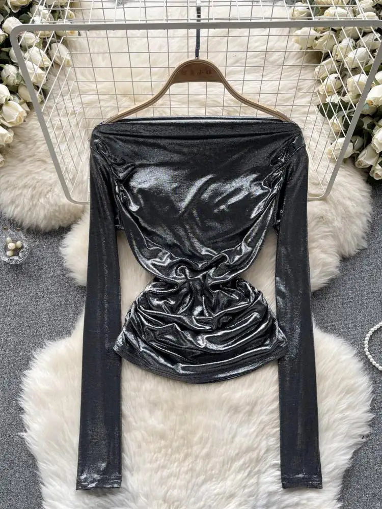 Solid Sexy Off Shoulder Long Sleeve Bright Pleated Tops Women's Autumn 2023 New Elegant Slim Versatile Bottom Shirt Trend Simple