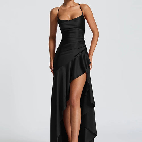 Load image into Gallery viewer, Ruffles Spaghetti Strap Women Maxi Dress Sexy Backless Bandage High Split A-line Long Dresses Elegant Evening Partywear
