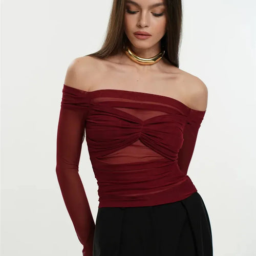 Load image into Gallery viewer, Summer Mesh Off-shoulder T-shirt Women Fashion Pleated Bust Backless Tees Tops Female Elegant Strapless See Through Top
