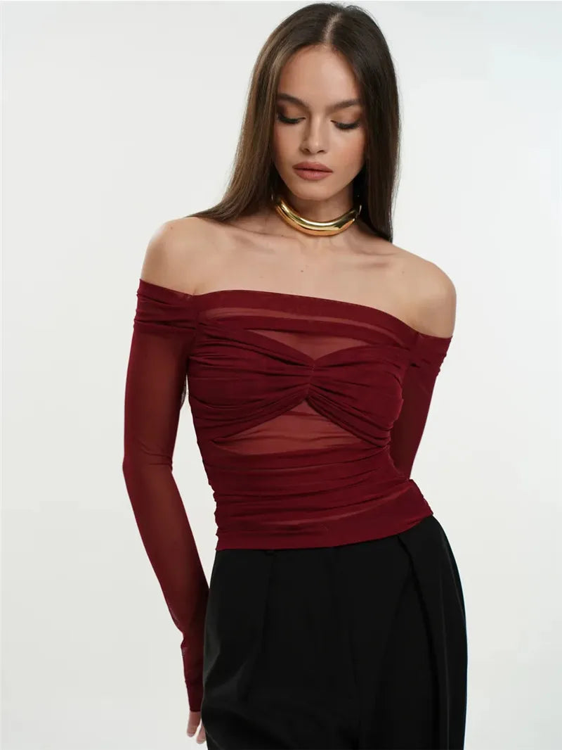Summer Mesh Off-shoulder T-shirt Women Fashion Pleated Bust Backless Tees Tops Female Elegant Strapless See Through Top
