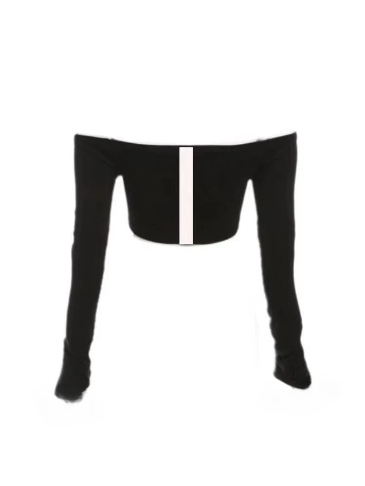 Harajuku Hollow Out Cross Letter Print Women's T-Shirts Y2k Grunge Slash Neck Tees Sexy Slim All Match Long Sleeve Crop Top