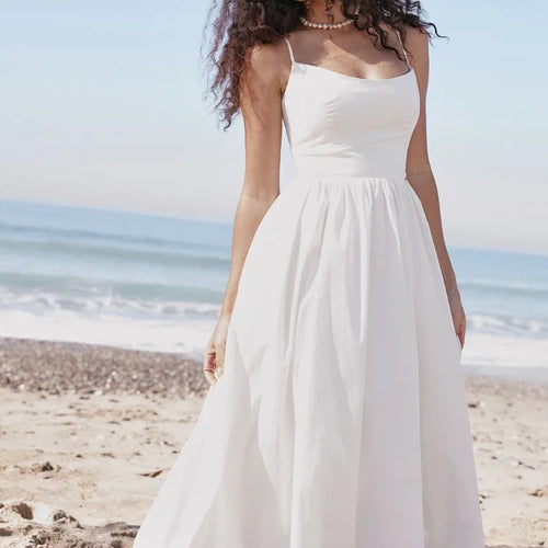 Load image into Gallery viewer, Summer White Midi Beach Dress Elegant Spagehtti Strap A Line Wedding Guest Dress Casual Women Clothing 2023
