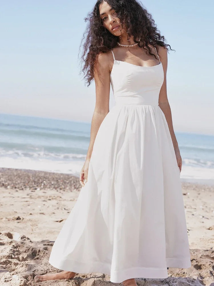 Summer White Midi Beach Dress Elegant Spagehtti Strap A Line Wedding Guest Dress Casual Women Clothing 2023