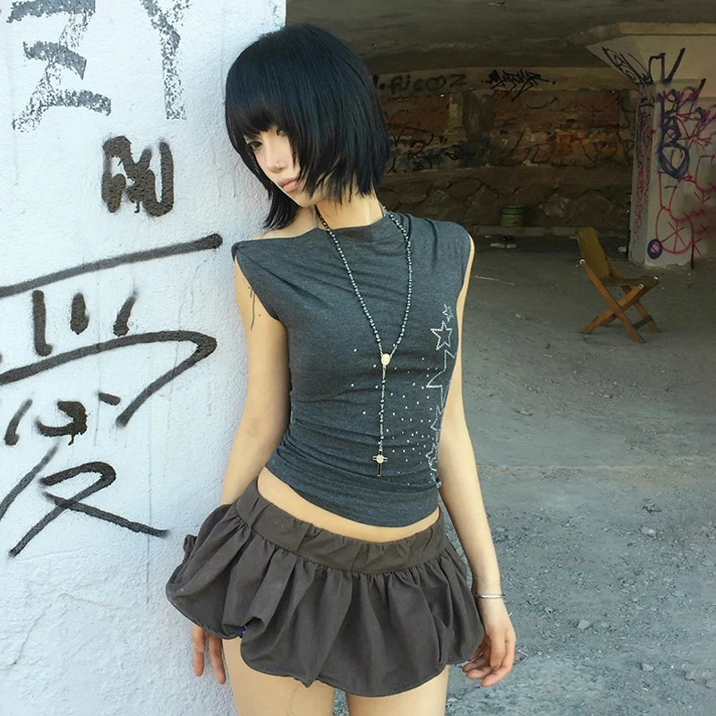 Japanese Y2k Off Shoulder T-shirt Trashy 2000s Style Rhinestones Sleeveless Top Vintage Harajuku Crop Top American Retro