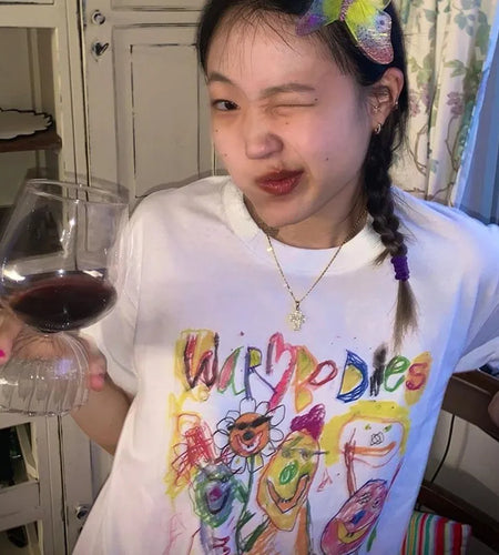 Fairy Grunge Short Sleeve T-shirts Cartoon Graffiti Print Tee Shirts Graphic Korean Fashion Tops Summer Streetwear Y2k