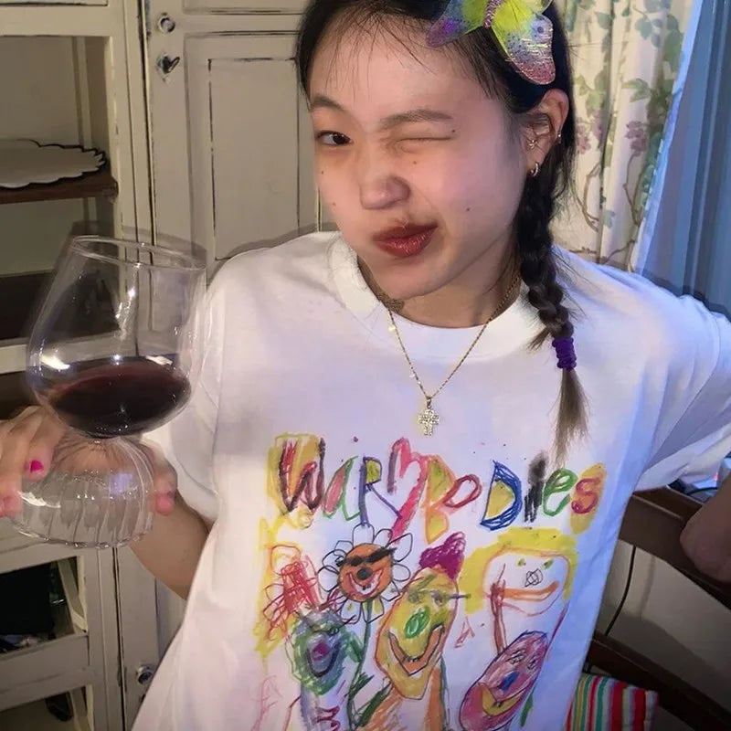 Fairy Grunge Short Sleeve T-shirts Cartoon Graffiti Print Tee Shirts Graphic Korean Fashion Tops Summer Streetwear Y2k