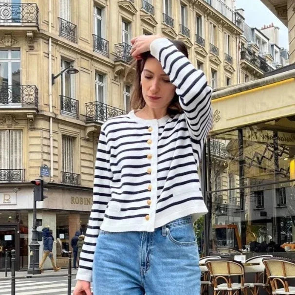 Autumn Black and White Striped Shorts Set Women Fashion Striped Sweater Cardigan and High Waist Sets Casual Outfit