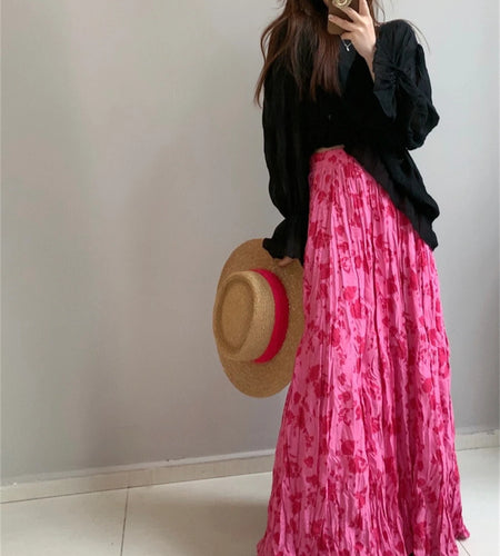 Spring Summer French Fashion Retro Rose Red Floral Elegant Slim Long Skirt Women Black High Waisted Vacation Half Skirt Bohemian