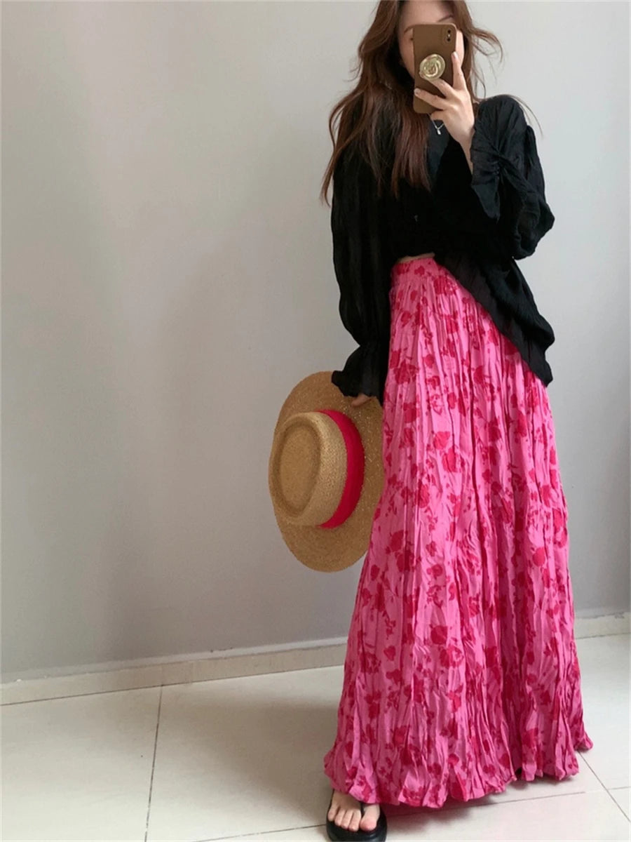 Spring Summer French Fashion Retro Rose Red Floral Elegant Slim Long Skirt Women Black High Waisted Vacation Half Skirt Bohemian