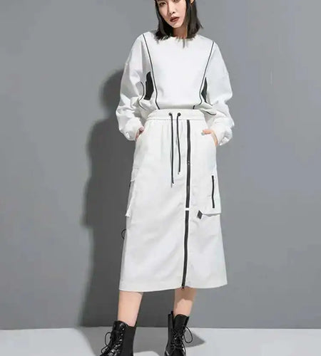 High Elastic Waist Black Zipper Long Spliced Long Casual Half-body Skirt Women Fashion Tide New Spring Autumn 2025 1DF1656